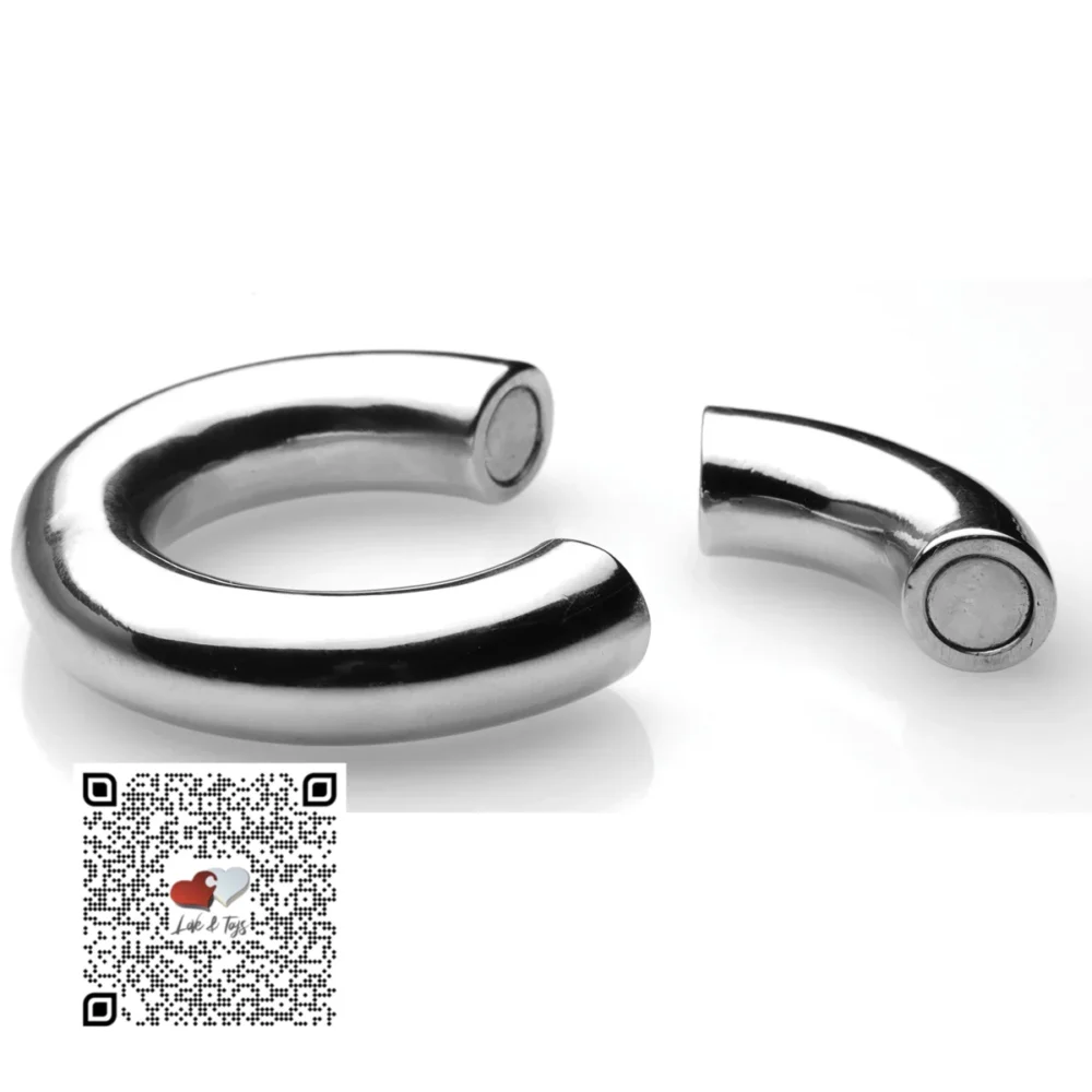 MAGNETIZE-STAINLESS-STEEL-MAGNETIC-BALL-STRETCHER-ANILLO-MAGNETICO-ENLONGADOR-DE-ESCROTO-DETALLE-ABIERTO anillo abierto metálico magnético de entrenamiento para enlogar el escroto testiculos colgantes
