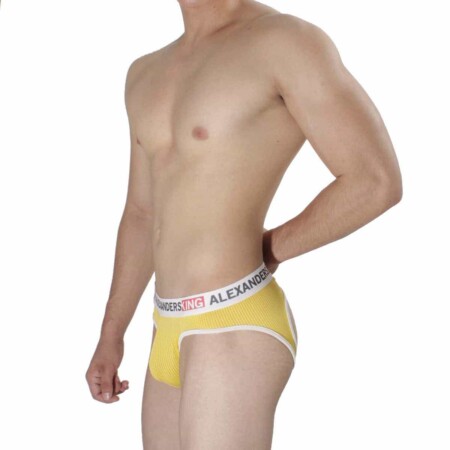 Vista lateral de suspensorio Alexander's King Mango Unwet color amarillo vivos blancos Alexanders King