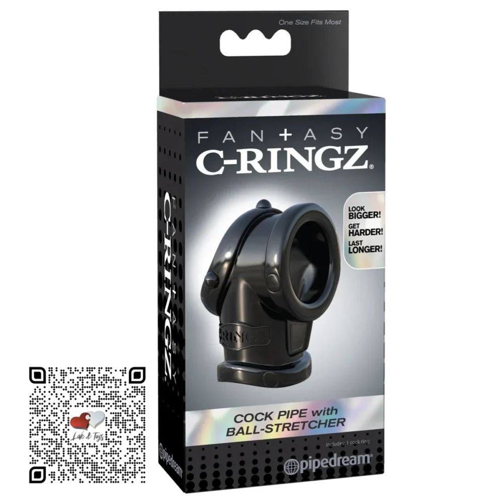 anillio-tubular-para-pene-con-entrenador-de-testiculos-c-ringz-cock-pipe-with-ball-stretcher Anillo tubular doble para pene con extensor largo de escroto Fantasy C-Ringz diámetros 3.3cm y 3cm