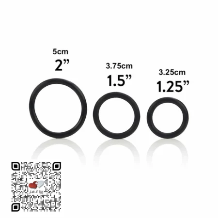 Anillos Calexotics negros desplegados con medidas diámetros internos 4cm 5cm 6cm