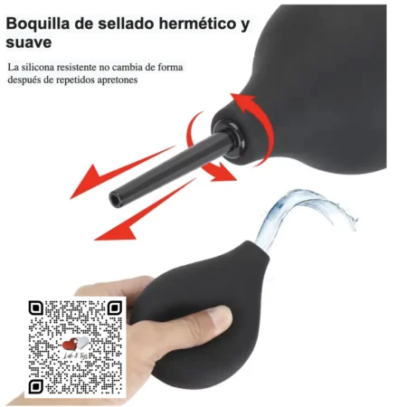 Detalle de cánula delgada removible de enema tipo pera para fácil introducción anal