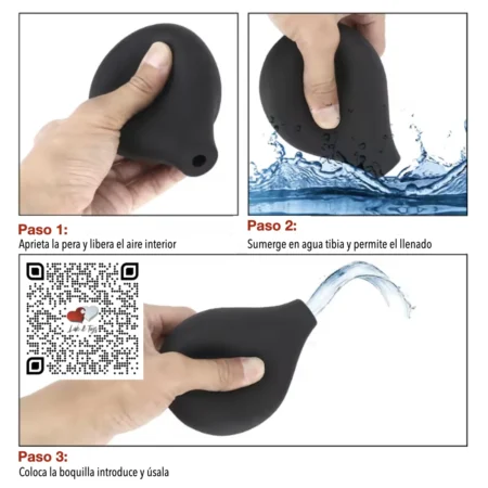 Instrucciones de llenado de enema tipo pera mostrando capacidad de 225mlReintentar